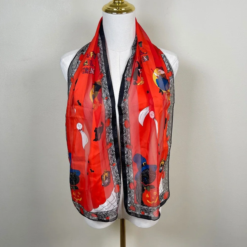 Vintage Halloween Scarf Women Orange Black Cat Witch Pumpkin Ghost Sheer Chiffon